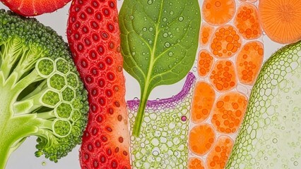 Vibrant vegetables and fruits with water droplets on a white background showcasing broccoli strawberries spinach carrots and cucumbers in a healthy food arrangement