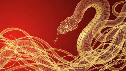 Golden ornate snake illustration coiling against a deep red background with abstract flowing lines