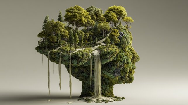 Detailed Surreal Landscape of a Brain Covered in Lush Greenery