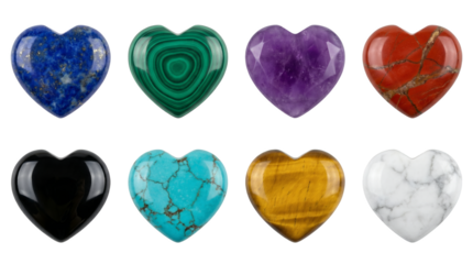 Gemstone heart set including lapis lazuli, malachite, amethyst, jasper, obsidian, turquoise, tigers eye, and howlite stones isolated. Crystal healing and jewelry collection.