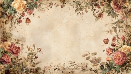 Vintage floral border with antique roses and foliage on aged parchment paper texture