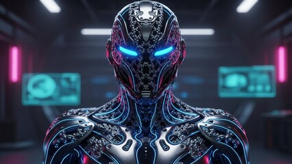 Futuristic robot with glowing blue eyes in a dark laboratory setting with neon lights and screens