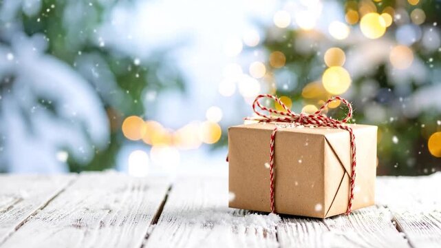 A gift box wrapped in brown paper tied with a red and white twine, placed on snowy wooden surface