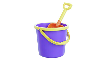Purple beach bucket with yellow handle and orange shovel