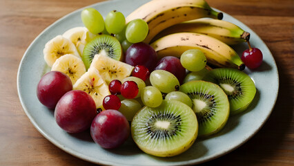 "Flat lay of colorful assorted sliced fruits, including banana, kiwi, and pomegranate"