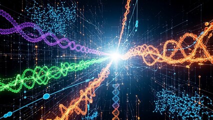 Vibrant dna double helix strands in neon colors merge at a bright light source on a dark background with digital grid and particles