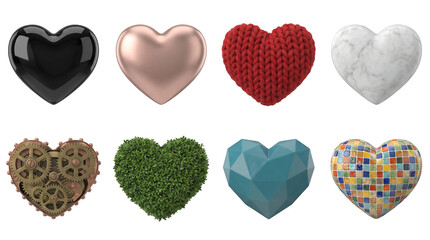 Heart shapes set including glossy black, rose gold, knitted, marble, steampunk gears, green leaves, polygonal and mosaic textures isolated. Romantic symbol collection.