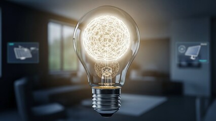 Glowing light bulb with bright filament in modern living room with blurred background and soft lighting