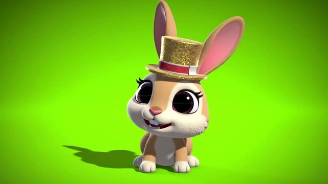A cute cartoon bunny wearing a gold glittery top hat on green background