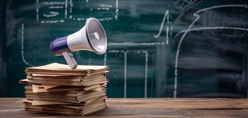 A stack of books with a megaphone on top in front of a chalkboard high quality professional detailed modern elegant stylish