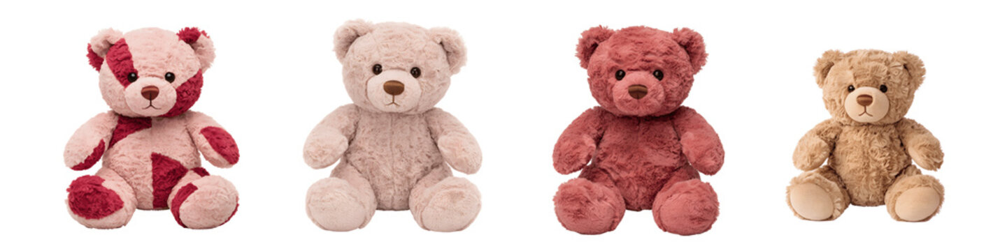 Four cute teddy bears in different colors sitting in a row isolated on transparent background