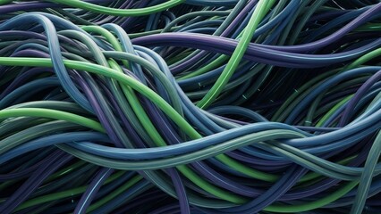 Tangled colorful wires in shades of green and blue messy electronic cables technology background