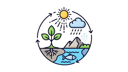 Water Cycle Illustration with Plant and Fish in Ecosystem