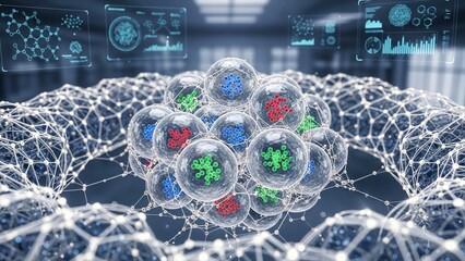 Nanotechnology concept with molecular structures and colorful atoms in a futuristic laboratory setting with digital screens