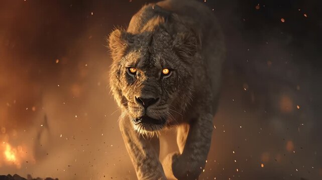 Powerful dangerous lion running in dark explosive scene