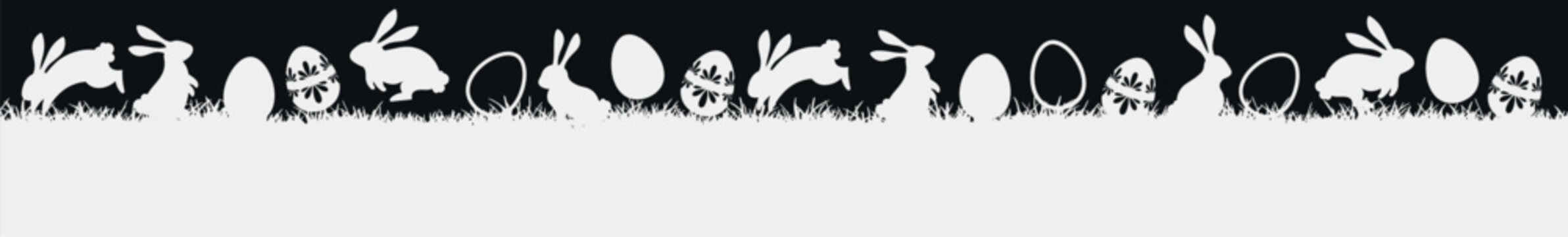 Seamless easter meadow panorama, bunny and egg silhouettes, grass vector border, easter spring banner