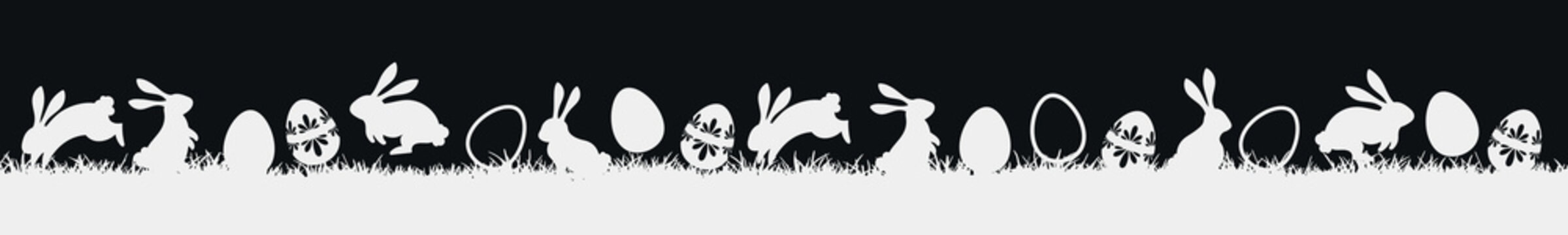 Seamless easter meadow panorama, bunny and egg silhouettes, grass vector border, easter spring banner