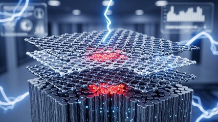 Nanotechnology structure with glowing red core and blue lightning futuristic laboratory background