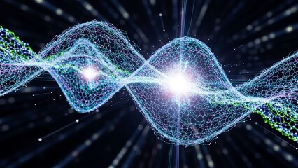 Vibrant blue waveform with glowing white center and dynamic particle trails on dark background with radiant beams