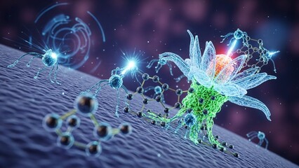 Vibrant green and blue molecular structure with glowing connections on a textured surface abstract science background with dynamic lighting effects