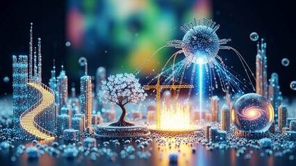Futuristic cityscape with glowing tree neon lights and abstract virus particles in a dark background conveying innovation and technology