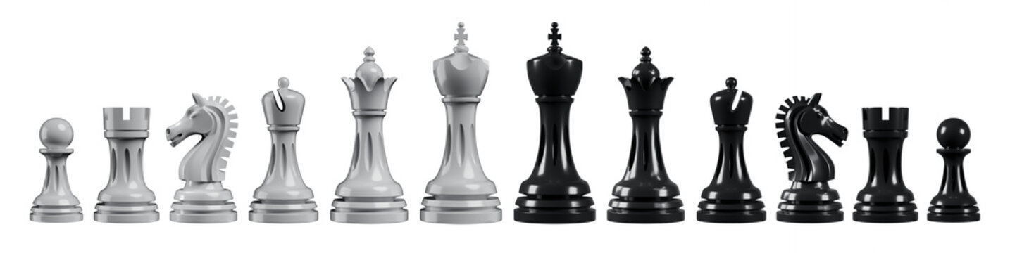Luxury All Black and White Chess Pieces Set 3d Render on Transparent Background.