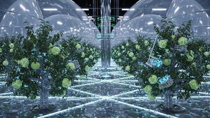 Indoor futuristic greenhouse with lush plants and glowing lines on floor under transparent domes