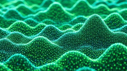 Vibrant green digital landscape with glowing neon waves and peaks futuristic technology background with luminous dots