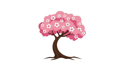 Pink Cherry Blossom Tree with White Flowers Isolated on White Background