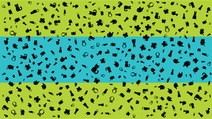 Seamless abstract terrazzo pattern with scattered black confetti cute baby animals shapes over vibrant green and blue horizontal bands. Modern retro texture background ideal for wallpaper, fabric.
