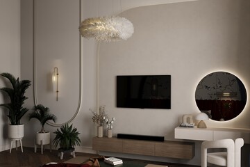 Stylish living room or bedroom interior with TV on wall, arcs, round mirror and dressing table