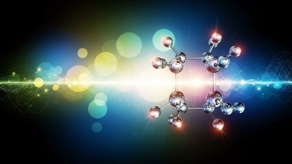 Molecular structure with glowing atoms and bonds illuminated by vibrant light effects against a dark blue background with bokeh