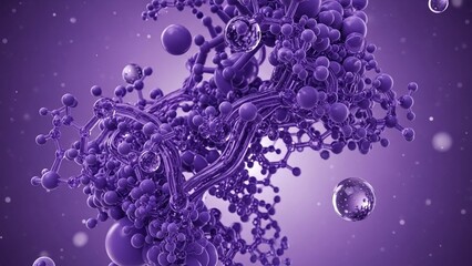 Purple molecular structure with bubbles and spheres in a vibrant abstract scientific background showcasing complex chemistry and molecular interactions