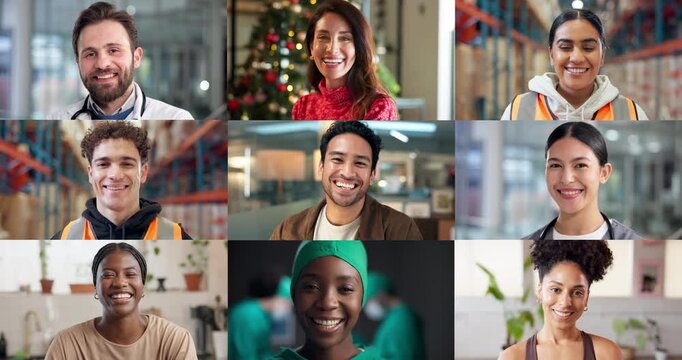Montage, career and face of people in workplace for shipping, supply chain and healthcare service. Series, professional collage and portrait of men and women for medical job, logistics and business