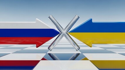 Russia and Ukraine flags as arrows colliding on a checkered board, symbolizing conflict
