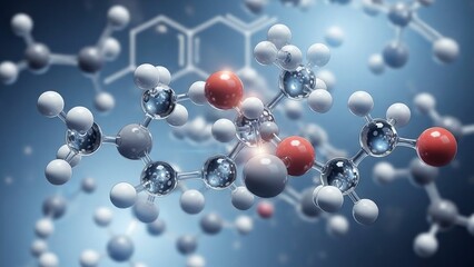 Molecular structure of chemical compound with red and white atoms in 3d rendering blue background scientific illustration