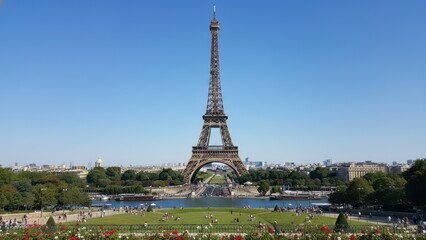 Majestic Eiffel Tower Against Clear Blue Sky with Lush Greenery and Colorful Flowers Below