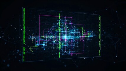 Futuristic neon grid structure with vibrant blue and green lights against a dark background representing technology and digital innovation