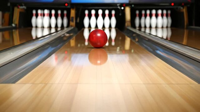 A red bowling ball rolls towards the pins on a wooden lane, at a bowling alley