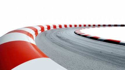 A dynamic view of a sharp turn on a professional race track with classic red and white curbs