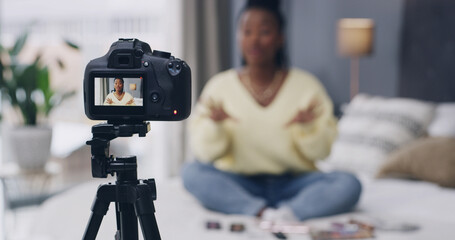 Camera, influencer and screen with recording in home for content creation, makeup review or web show. African person, production and talk with social media audience, cosmetic tips or video at house