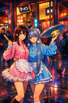 Retro Cyberpunk Anime Girls in Neon City Night &ndash; Vibrant 1980s Style Illustration with Futuristic Street Lights and Nostalgic Atmosphere. 
Created using generative AI tools.
