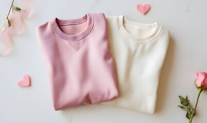 2 crewneck sweatshirts in light pink & cream, neatly folded and slightly overlapping, centered composition
