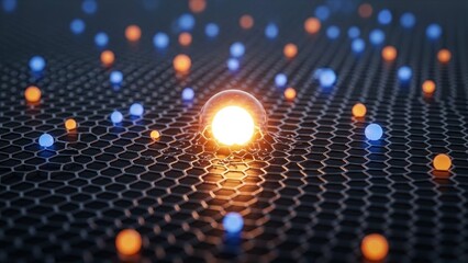Glowing orange sphere on a dark honeycomb grid with scattered blue and orange dots representing technology and innovation