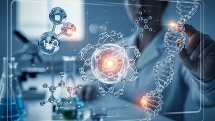 Scientist in lab coat analyzing dna structure and molecular models on transparent screen with glowing atoms