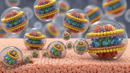 Vibrant colorful molecular structures in glass bubbles on pink surface science concept