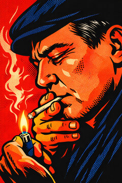 Retro Comic Man Lighting Cigarette in Dramatic Red &ndash; Vintage Pop Art Portrait with Cap, Flame and Smoke