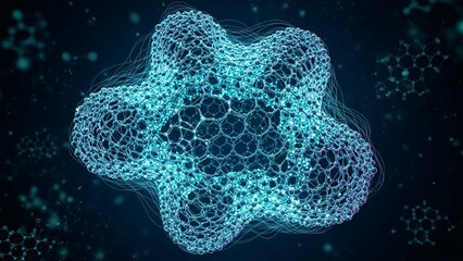 Glowing blue molecular structure with hexagonal cells on dark background representing science and technology concepts