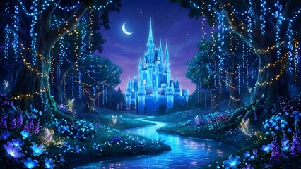 Mystical Castle in Enchanted Forest under Moonlight with Fairy Lights