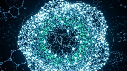 Glowing blue and green molecular structure on dark background with connections and nodes